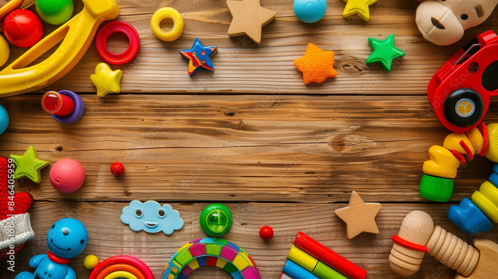 Children's toys arranged in a frame against a colorful background are a wealth of educational wooden elements.