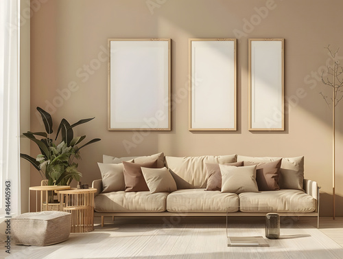 Three blank frames mockup hang in a living room