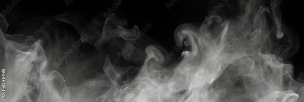 Obraz premium abstract Ethereal White Smoke Swirls on Black Background, capturing the mysterious and captivating nature of smoke in motion. dry ice smoke clouds fog overlay