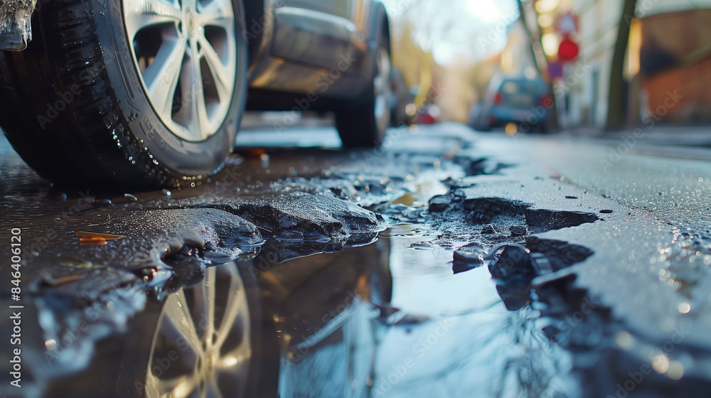 A close-up of the vehicle's wheels traveling along a badly damaged road, where every pothole is a challenge for the driver and the traffic is choppy and chaotic. A close-up of the vehicle's wheels traveling along a badly damaged road, where every pothole is a challenge for the driver and the traffic is choppy and chaotic.