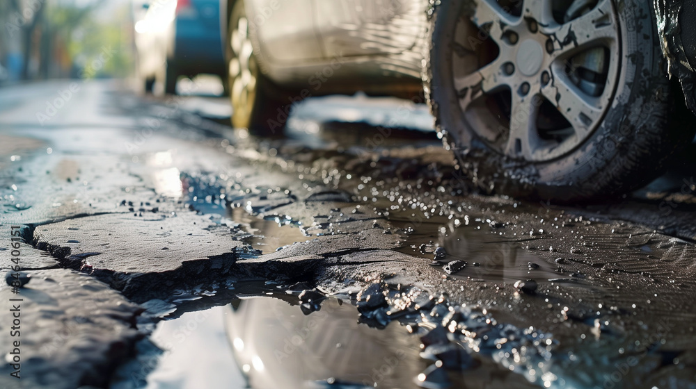 A close-up of the vehicle's wheels traveling along a badly damaged road, where every pothole is a challenge for the driver and the traffic is choppy and chaotic. A close-up of the vehicle's wheels traveling along a badly damaged road, where every pothole is a challenge for the driver and the traffic is choppy and chaotic.