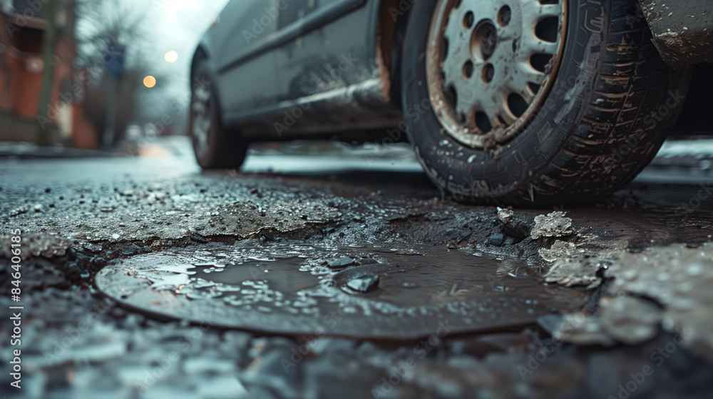 A close-up of the vehicle's wheels traveling along a badly damaged road, where every pothole is a challenge for the driver and the traffic is choppy and chaotic. A close-up of the vehicle's wheels traveling along a badly damaged road, where every pothole is a challenge for the driver and the traffic is choppy and chaotic.