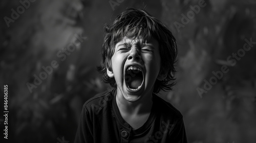 The child cries and screams, his words are like screams for help, isolated from the surrounding world, the mood is full of frustration and anxiety. photo