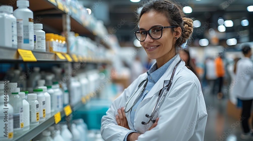 A female pharmacist examines bottles of medicine on a shelf in a pharmacy, smiling and looking at the camera A female pharmacist examines bottles of medicine on a shelf in a pharmacy, smiling and looking at the camera