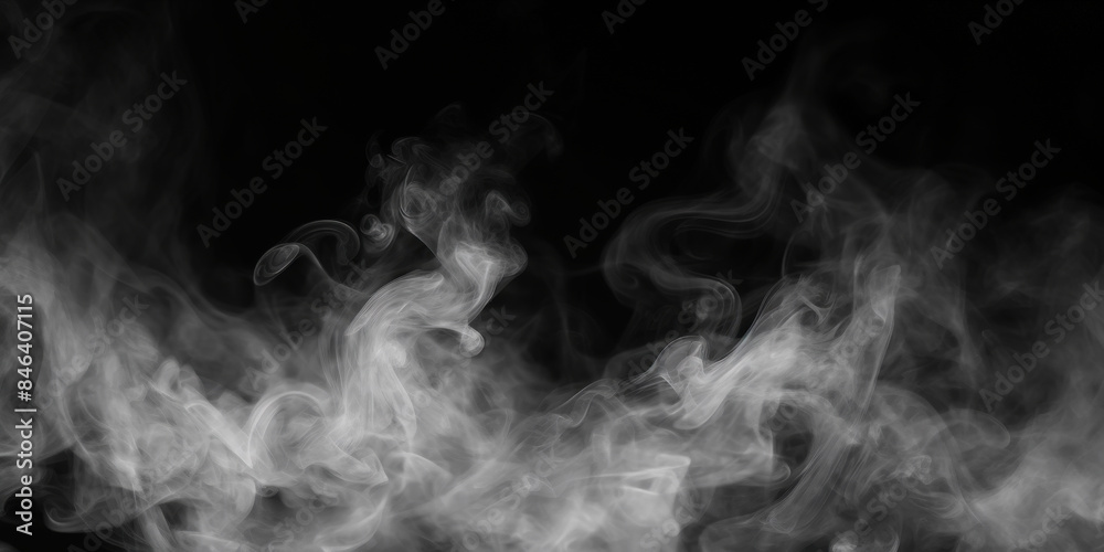 abstract Ethereal White Smoke Swirls on Black Background, capturing the mysterious and captivating nature of smoke in motion. dry ice smoke clouds fog overlay