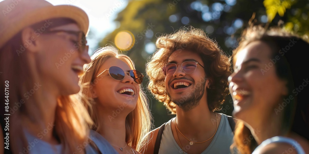 A group of friends laughing together under the bright sun, enjoying a lively and joyous moment during an outdoor gathering, perfectly capturing happiness and togetherness. A group of friends laughing together under the bright sun, enjoying a lively and joyous moment during an outdoor gathering, perfectly capturing happiness and togetherness.