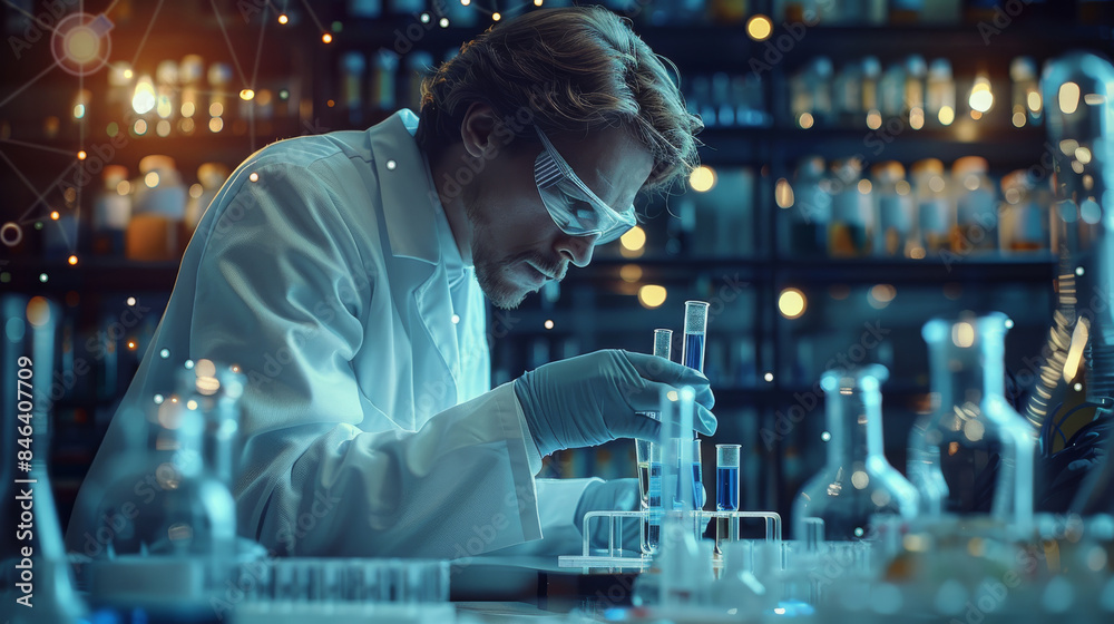 A scientist in a white coat is working with blue liquid and test tubes on a table, with a science theme background, and a chemical structure diagram behind them. Generative AI. A scientist in a white coat is working with blue liquid and test tubes on a table, with a science theme background, and a chemical structure diagram behind them. Generative AI.