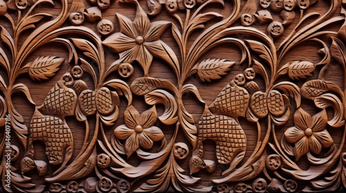 Elegant Carved Wooden Panel Texture with Ornate Floral Design
