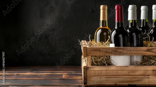 Wooden crate with assorted wine bottles on rustic table.