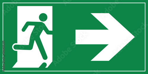 A Man Run to Exit Door Sign with Arrow show direction Symbolizing Emergency Evacuation