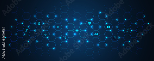 Healthcare and technology concept with flat icons and symbols. Template design for health care business, innovation medicine, pharmaceutical industry, science, medical research.