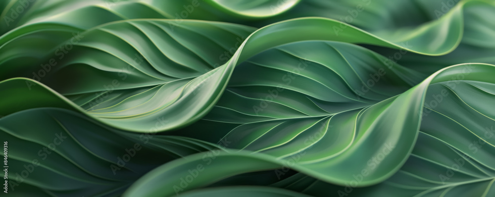 Close Up Wavy Green Leaves with Flowing Patterns. Nature, Gardening, Botanical Background with copy space