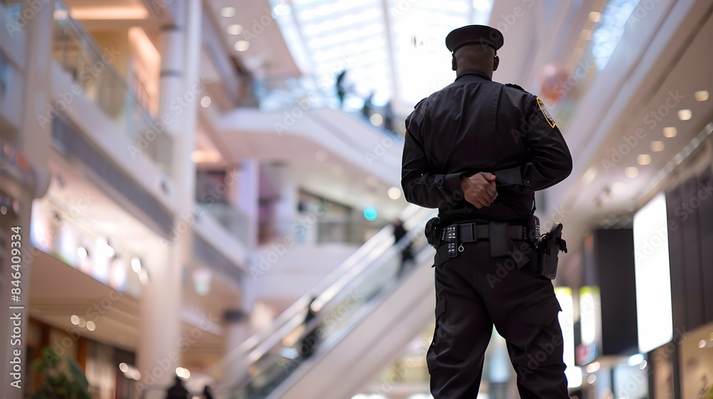 Security Guard in Black Stands Vigilant at Shopping Mall. Concept Security Guard, Black Uniform, Vigilant, Shopping Mall, Authority Figure Security Guard in Black Stands Vigilant at Shopping Mall. Concept Security Guard, Black Uniform, Vigilant, Shopping Mall, Authority Figure