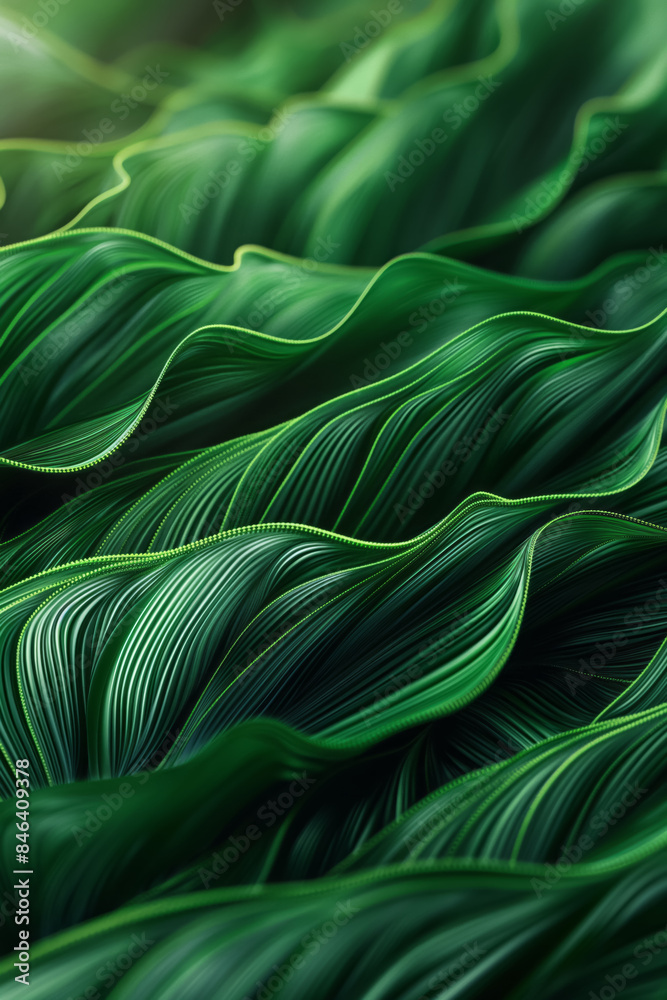 Close up Wavy Green Leaves, Layered tropical Foliage Nature background, copy space. 