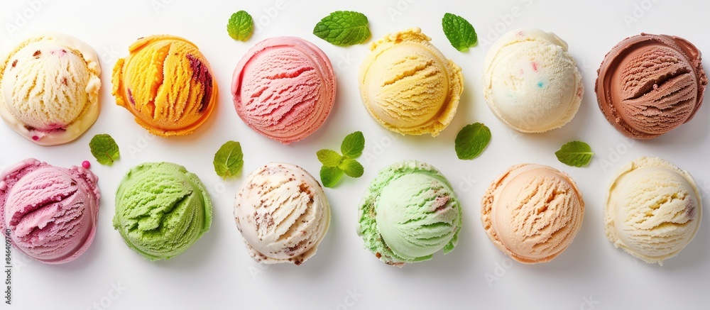 Variety of ice cream flavors on a white background