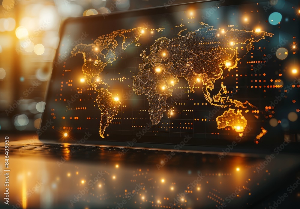 Glowing global network map displayed on a laptop screen, illustrating ...