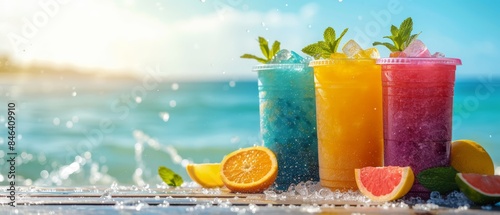 holiday sunlight vacation summer sea view cool slush with fruit juice drink various. Tropical Beach Cocktail fruit Refreshment copy space area background photo