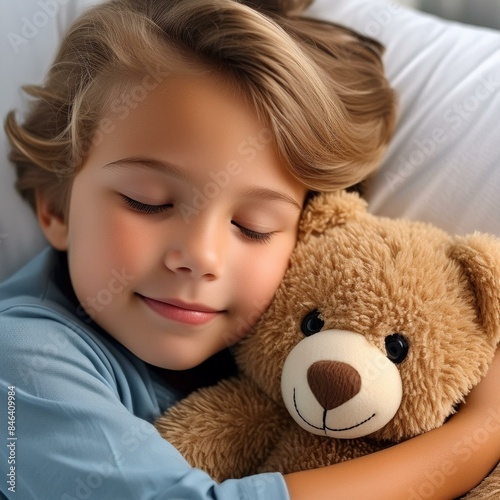 Closeup of a child cuddling a soft teddy bear in bed © Amli