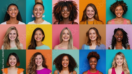 Composite Portrait of Diverse Women Smiling Against Colorful Backgrounds in a Grid Layout