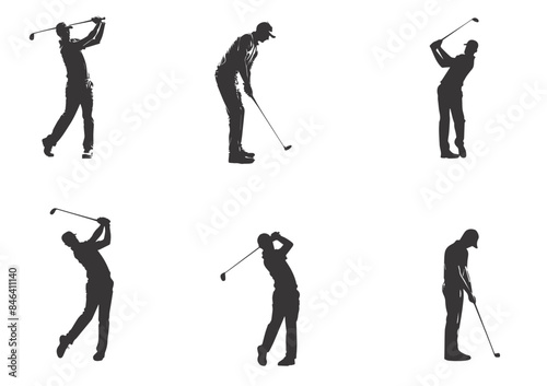 people playing golf in various poses isolated vector silhouette on white background