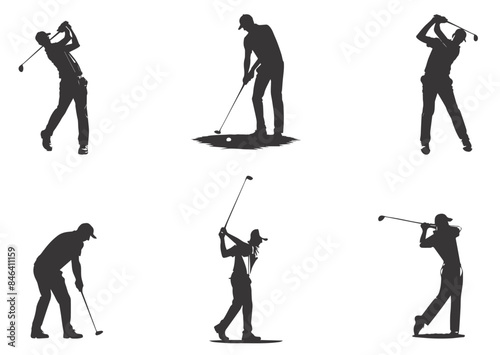 people playing golf in various poses isolated vector silhouette on white background