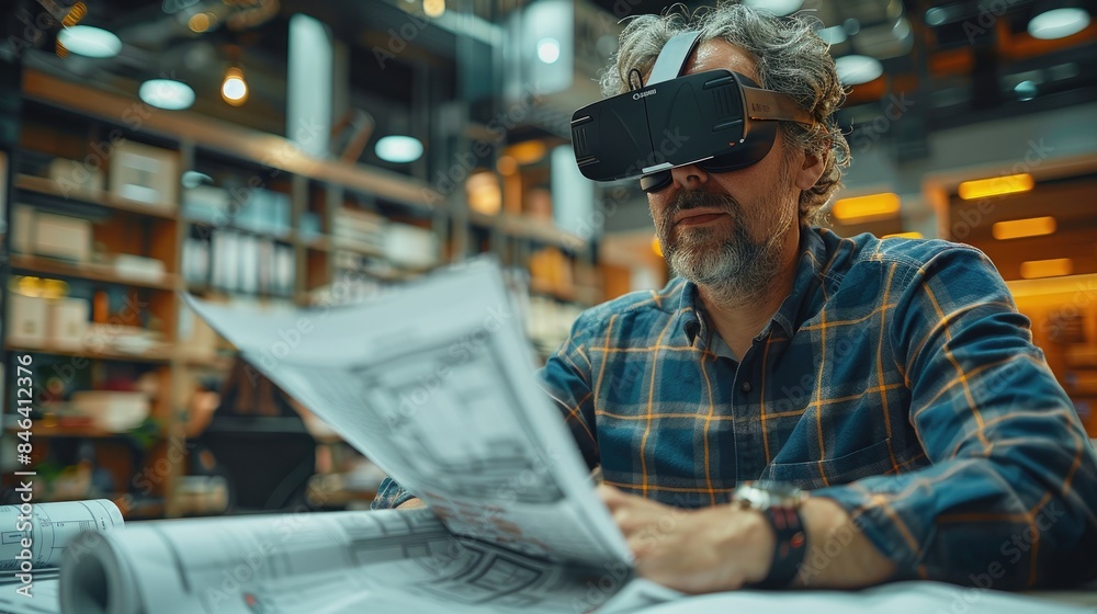 An architect wearing virtual reality glasses, creating architectural plans for a new project An architect wearing virtual reality glasses, creating architectural plans for a new project