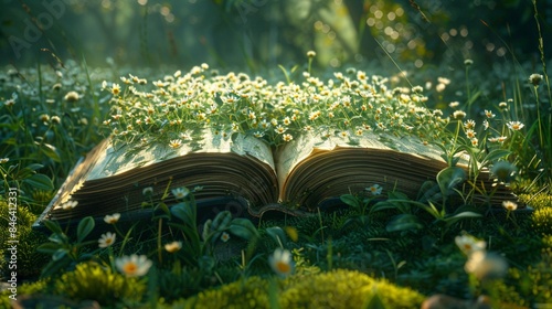 A cheerful book strolling through a whimsical meadow, its pages fluttering with laughter