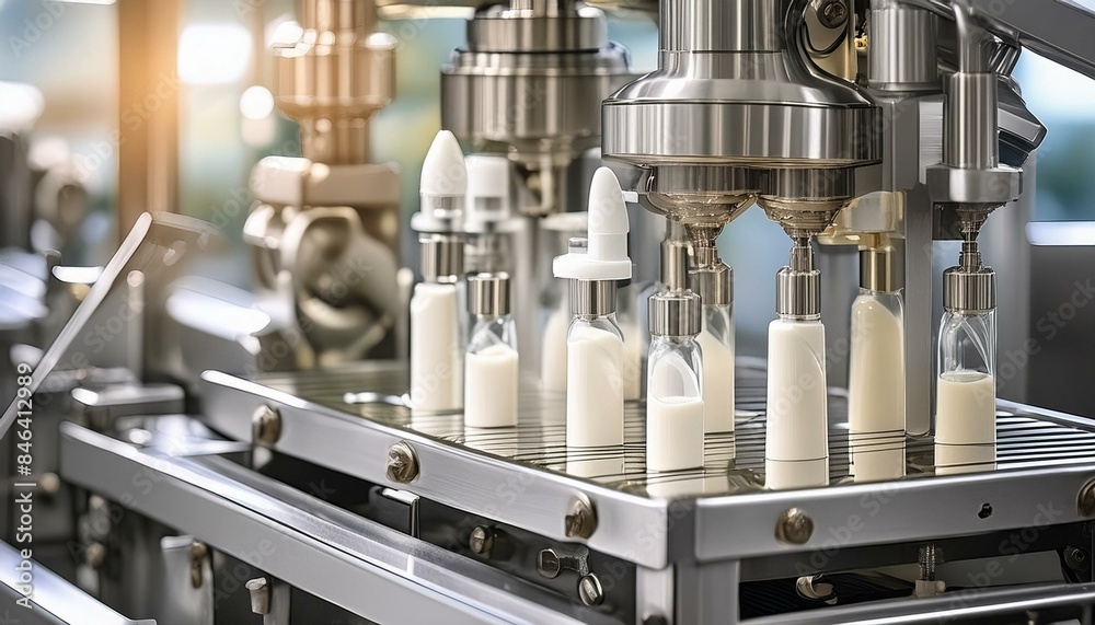 Close-up of an automatic cosmetic tube filling machine, precision nozzles dispensing cream, industrial setting