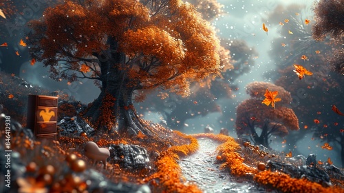 A delighted book taking a leisurely walk along a colorful, winding path, surrounded by animated trees and friendly critters