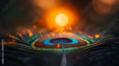  A tight shot of a peacock's vibrant tail against a backdrop of bright light Blurred depiction of the peacock's tail end