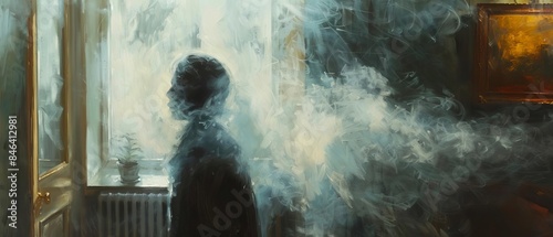 A realistic oil painting depicting an indoor setting engulfed in dust pollution