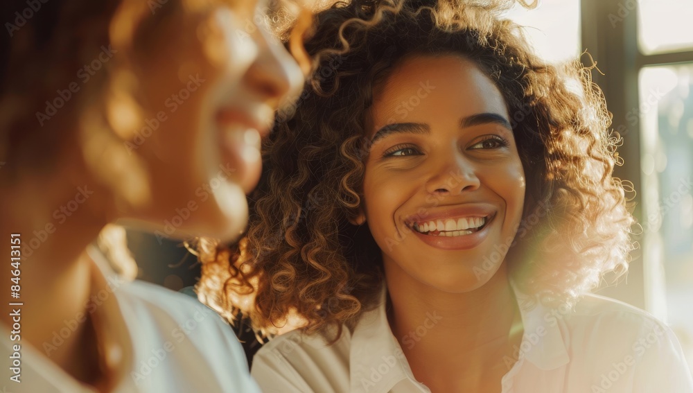 Closeup of two business women friends smiling and talking to each other in an office. One woman is wearing a white shirt with curly hair, the second person has brown skin color. Closeup of two business women friends smiling and talking to each other in an office. One woman is wearing a white shirt with curly hair, the second person has brown skin color.
