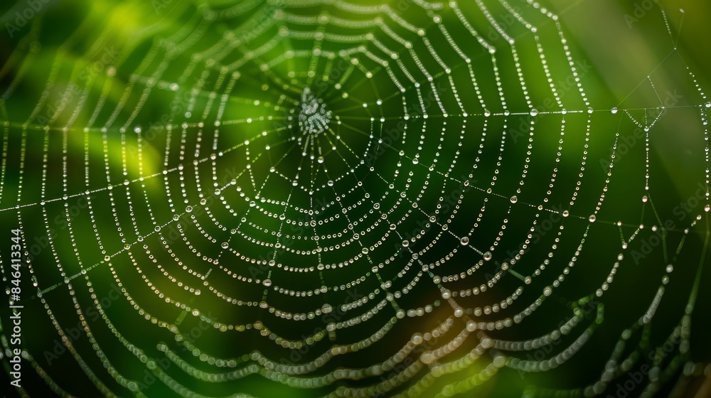  A tight shot of a spider web, adorned with dewdrops, against a softly blurred backdrop of verdant grass and trees