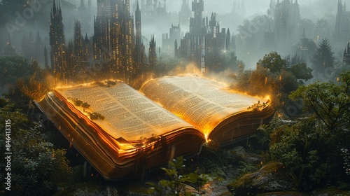 A jubilant book striding through a bustling cityscape, with skyscrapers leaning in to listen to its tales