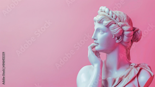 Muse sculpture statue being thoughtful isolated on minimal pastel pink background with copy space, Emotions, thoughtfulness, creative concept