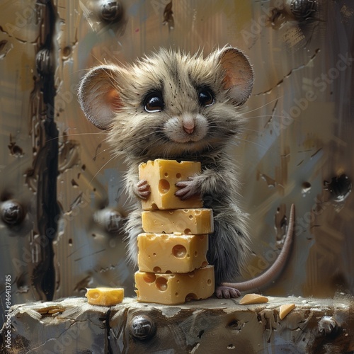 A mischievous cartoon mouse balancing atop a precarious stack of cheese blocks, with a mischievous glint in its eye