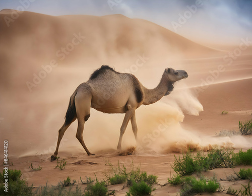 a camel enduring a sandstorm  combining photography with digital textures for a gritty effect.