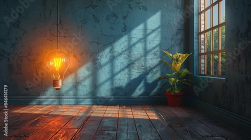 A single light bulb glowing brightly in a dimly lit room, casting intricate shadows on the wall