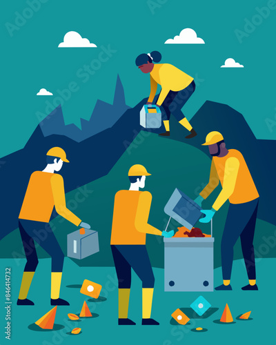 In one area of the landfill a group of workers were focusing on extracting precious metals from old electronic devices carefully dismantling and sorting them for recycling.. Vector illustration