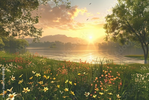 A beautiful, serene scene of a lake with a sunset in the background