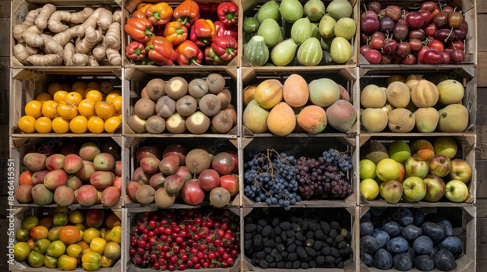 Wooden crates filled with ripe fruits and vegetables, arranged for shipment, high-resolution details, vibrant and fresh, farm produce display Wooden crates filled with ripe fruits and vegetables, arranged for shipment, high-resolution details, vibrant and fresh, farm produce display