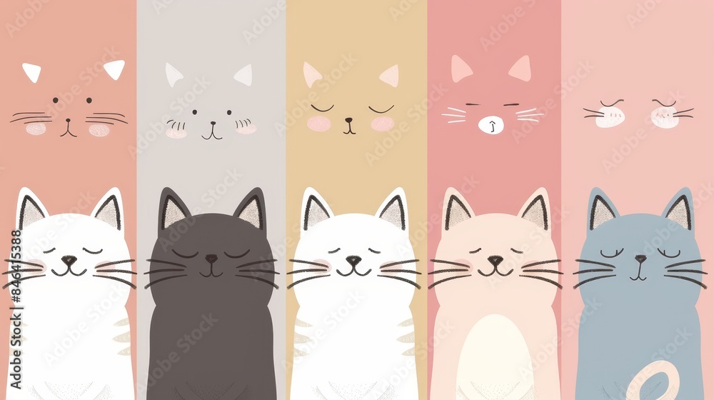 Whimsical cartoon cats, each unique in size and shape, smiling and closing their eyes, set against a pastel backdrop Whimsical cartoon cats, each unique in size and shape, smiling and closing their eyes, set against a pastel backdrop