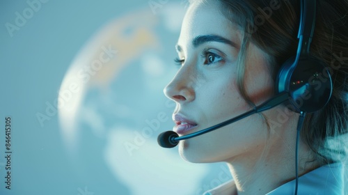 Young beautiful woman wearing call center agent headset photo