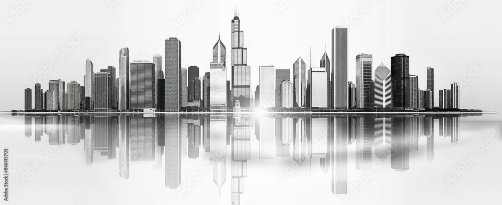 A black and white image showing a modern city skyline with various tall buildings and their reflections in the water below, exuding a sense of symmetry and urban design.