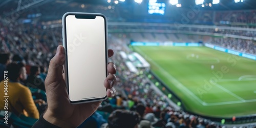 A hand holding an iPhone with white display on it, in front is a blurred football stadium