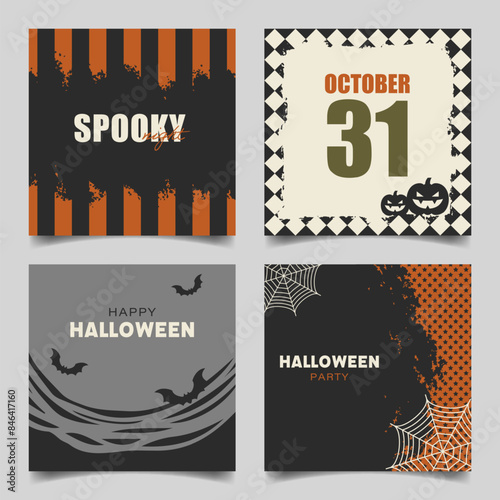 Square Halloween Template Set. Four square background designs with classic Halloween theme, ideal for social media posts, greeting cards, invitations, etc.