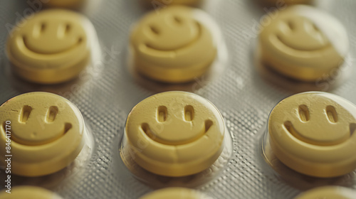 Close up of Yellow Smiley Face Pills on Textured Surface