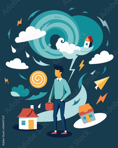 The person stands in the center of a chaotic storm with work family and finances swirling around them like dangerous winds.. Vector illustration