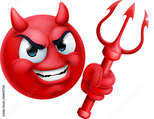 A red devil or satan emoji emoticon man face holding a trident, pitchfork or pitch fork cartoon icon mascot.