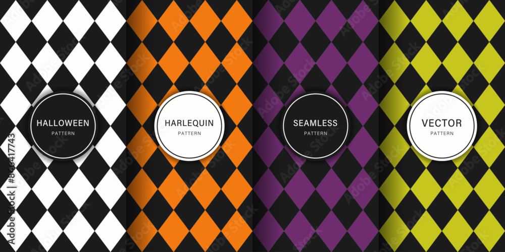 Set of Harlequin or Diamond Check seamless patterns in Halloween themed colors.